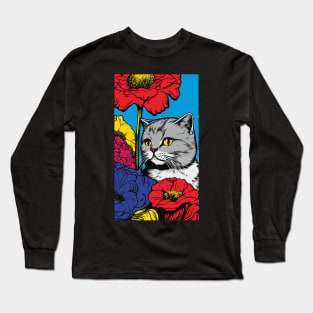 Scottish Fold Cat Vibrant Tropical Flower Tall Retro Vintage Digital Pop Art Portrait 2 Long Sleeve T-Shirt